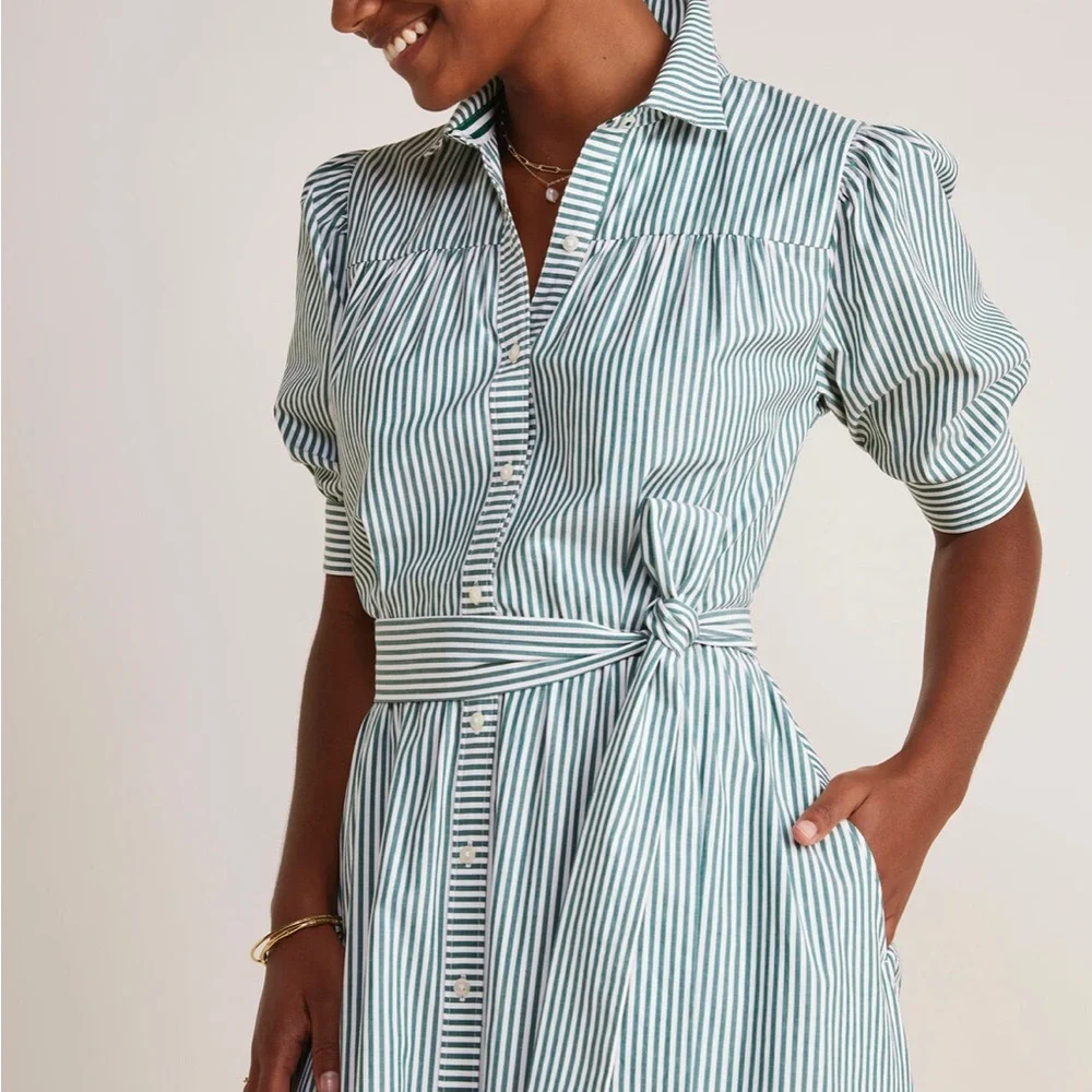NWT👗 Puff Sleeve Midi Shirtdress👗Green & White Vertical Stripes - Picture 6 of 7